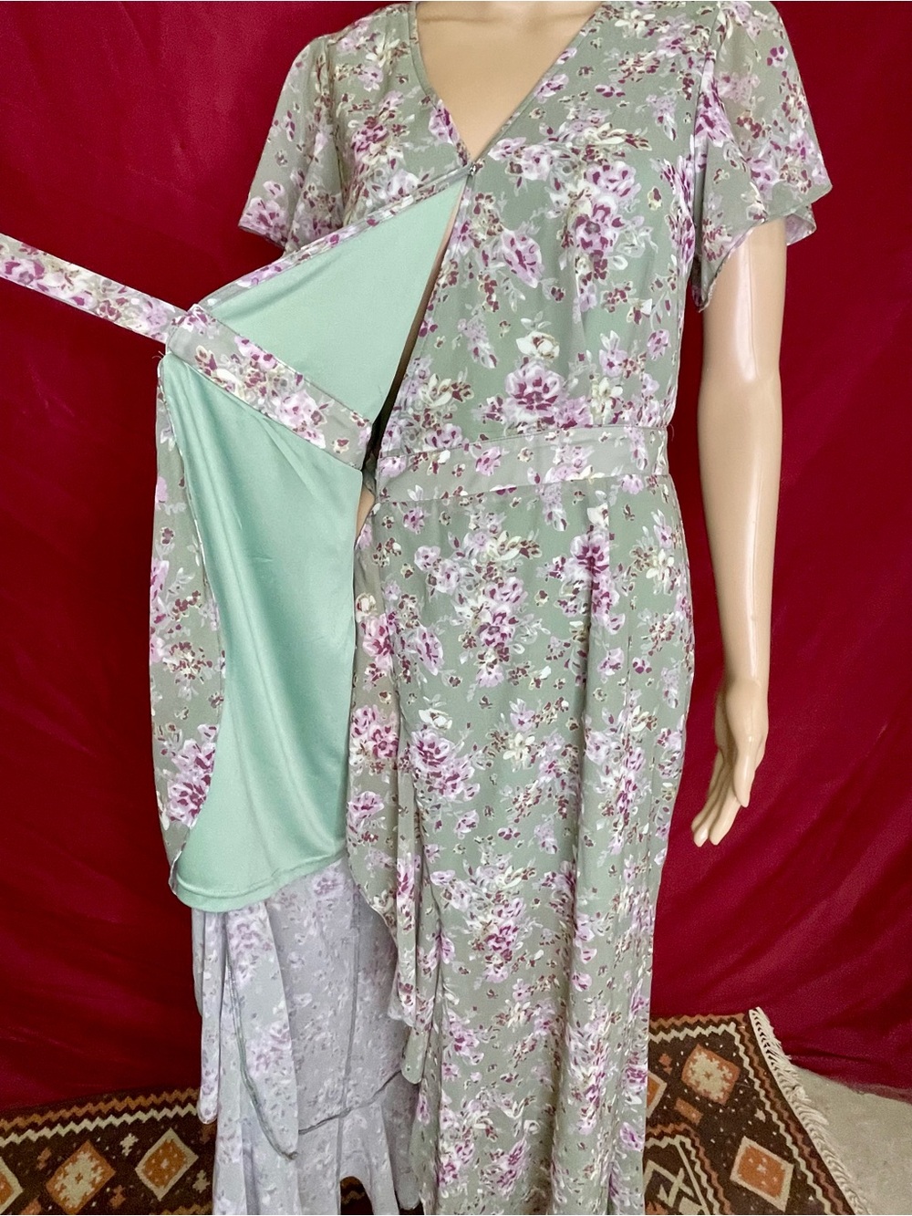 Blu Ivy Floral Sage True Wrap Chiffon Maxi Dress Women’s Size Small NWOT - Picture 5 of 6